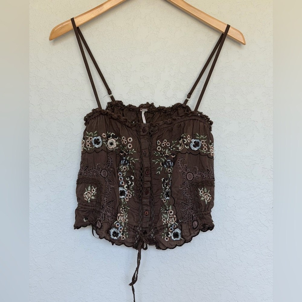 Free People Tattered Love Tank Embroidered Brown Floral Crop Top S XS